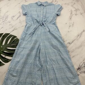 Smash & Tess Womens Jumpsuit Romper Size L White Blue Striped Tie Front Pockets